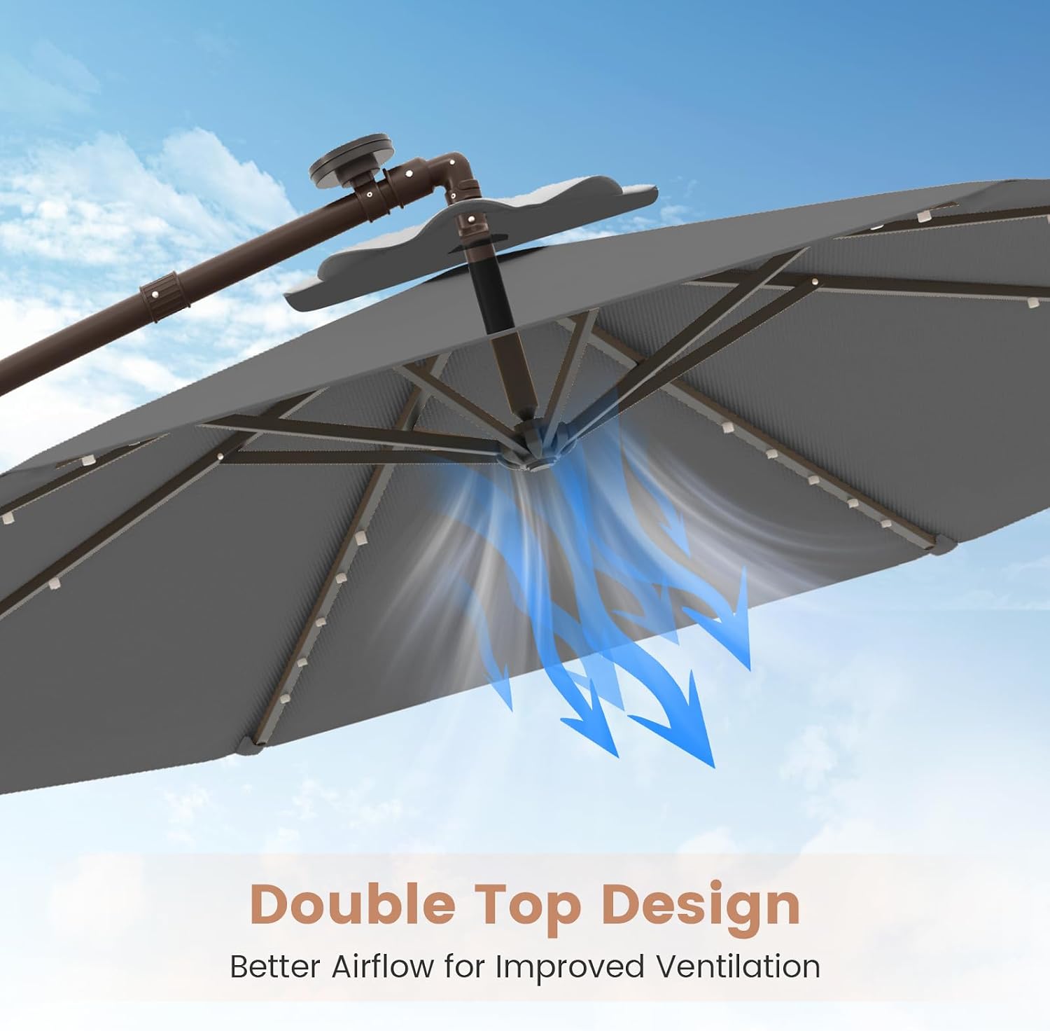 Tangkula 10FT Offset Patio Umbrella with Base Included, Outdoor Cantilever Umbrella with 40 Solar LED Lights, Tilt Adjustment, Crank Handle, Vented Top, Sand Bags for Pool Yard Deck (Gray)