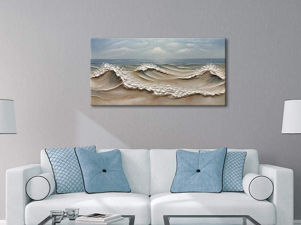 zoinart Blue Ocean Wave Oil Painting on Canvas Impasto Textured Painting Serene Canvas Wall Art Living Room Wall Decor Contemporary Art 24' x 48'