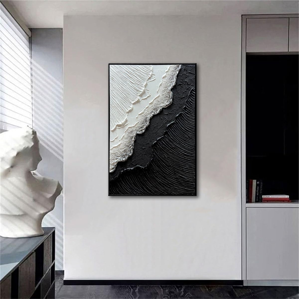 Framed Black and White Ocean Wave Wall Art, Modern Abstract Textured Paintings on Canvas, Relief Wall Art for Living Room Bedroom Wall Decor