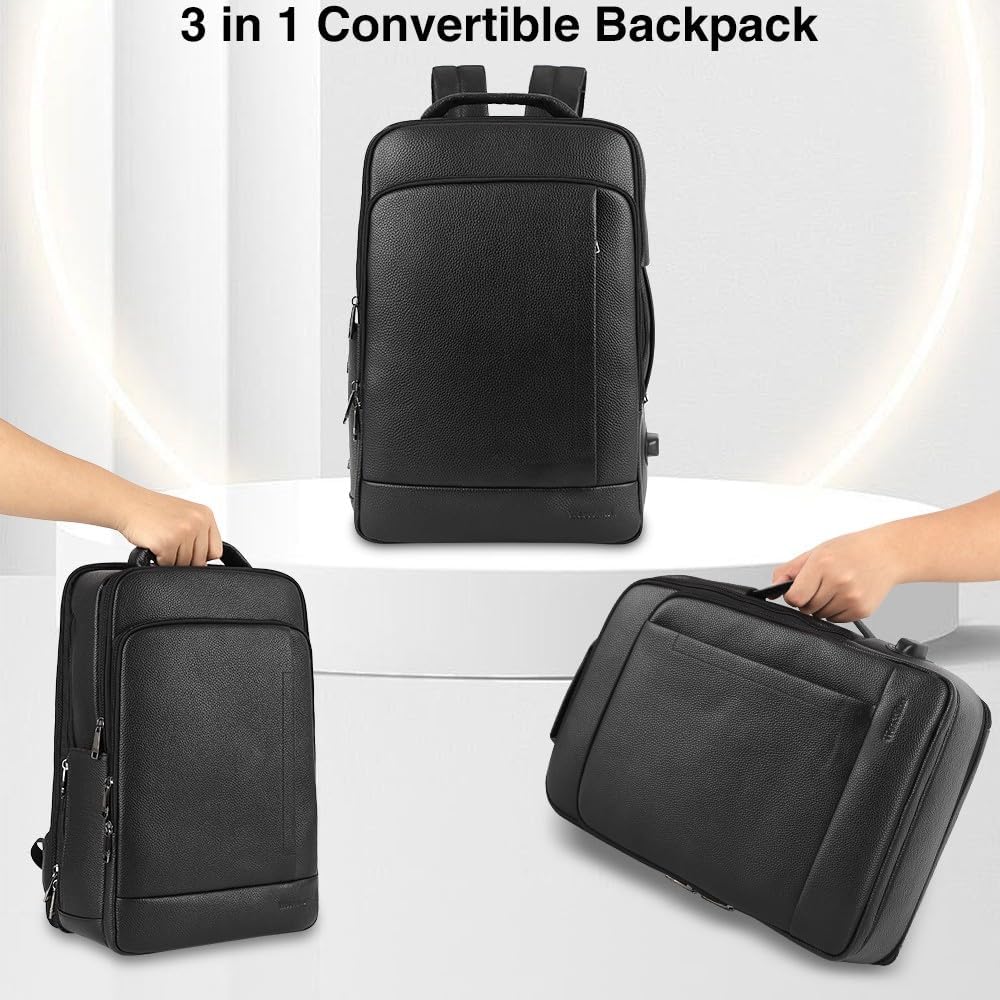 Full Grain Genuine Leather Backpack for Men Multi-Functional 15.6' Laptop Backpack with USB Charging, Black Convertible Business Travel Backpack Work Rucksack Daypack
