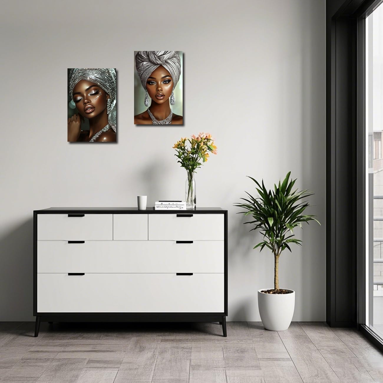 LZIMU African American Pictures Wall Art 2 Pieces Black Girl Painting Abstract Black Woman Portrait Canvas Prints Black Art Wall Decor Framed (Silver, 24x36inchx2 Pieces)