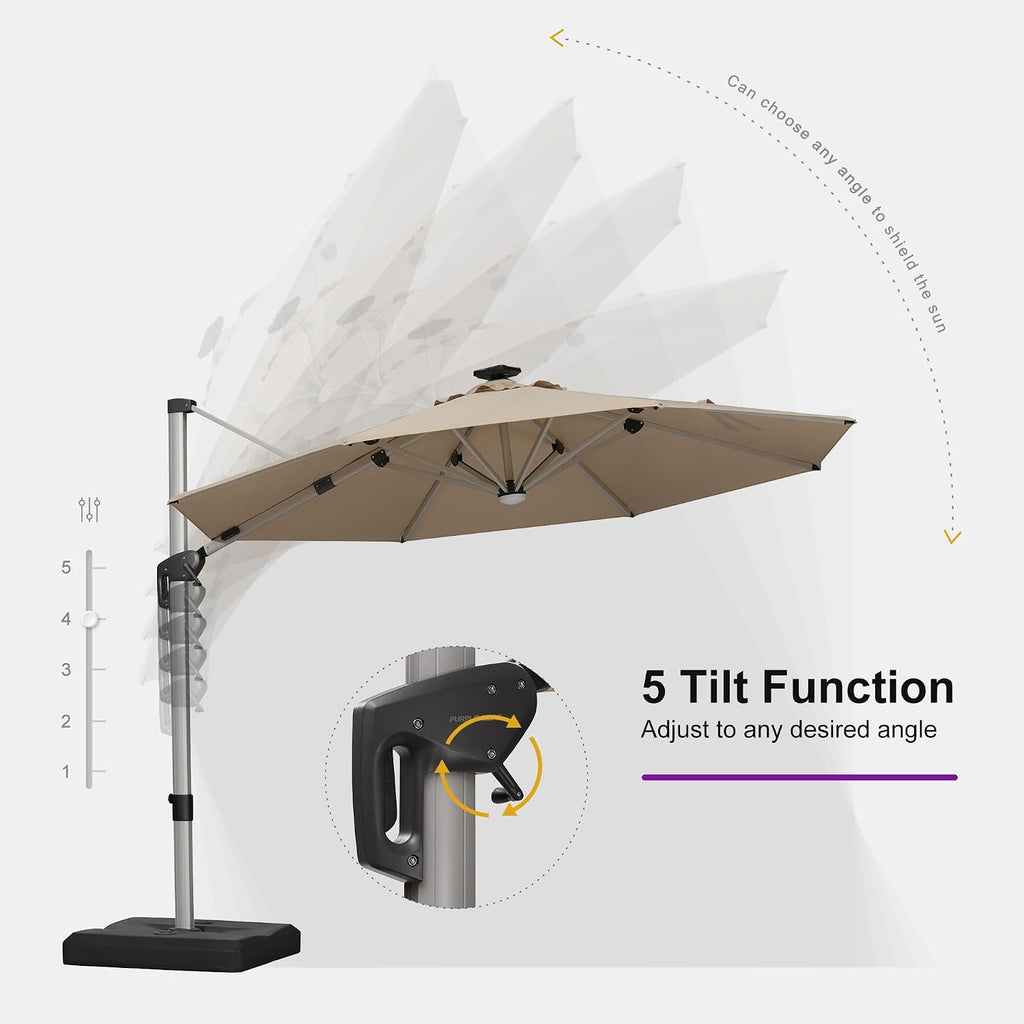 PURPLE LEAF Cantilever Umbrella with base 10ft Outdoor Round Patio Solar Powered LED Umbrella with 360-degree Rotation for Garden Deck Pool Patio, Beige