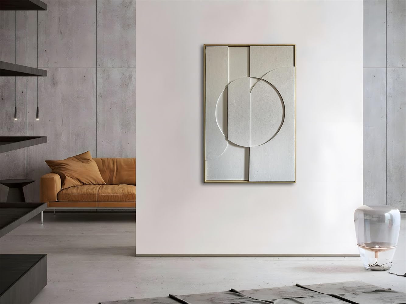 Slyart White Textured Wall Art, Handmade Abstract Plaster Wall Art Framed Artwork, 3D Minimalist White Relief Verical Painting
