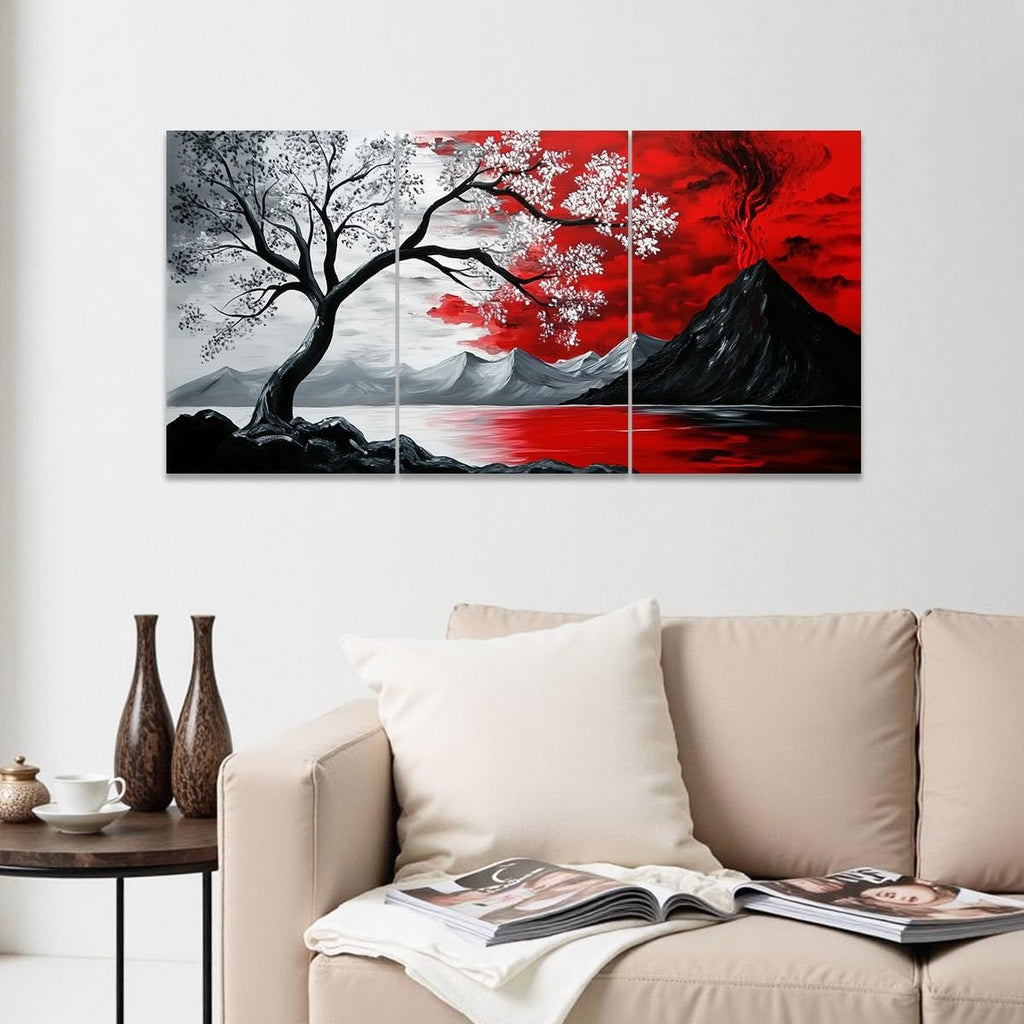 CCWACPP Black and Red 3pc Wall Art Abstract Seascape Paintings Cloud Tree Art Prints Landscape Canvas Pictures Modern Living Room Bedroom Home Decor Framed (24'x36'x3)