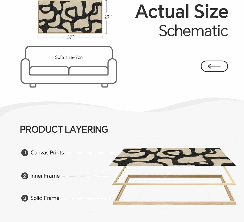 Framed Extra Large Abstract Wall Art for Living Room, Neutral Black and Beige Modern Painting Print, Mid Century Minimalist Horizontal Canvas Artwork for Dining Room Bedroom Hallway Office Wall Decor