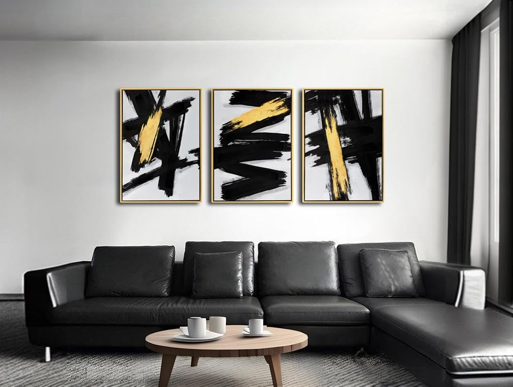 Sofoney - Gold Framed Black and Gold Abstract Wall Art 3D Textured Black and White Canvas Wall Decor with Gold Foil for Living Room Bedroom Office, Large 3 Piece Modern Home Decor, 20'x30'x3 Panels