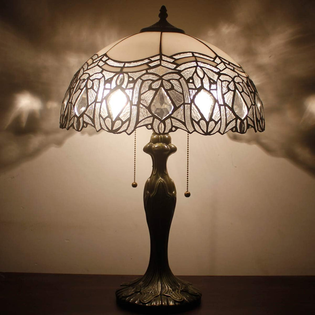 WERFACTORY Tiffany Style Table Lamp White Stained Glass Crystal Bedside Lamp 16X16X24 Inch Desk Reading Light Metal Base Decor Bedroom Living Room Home Office S508W Series