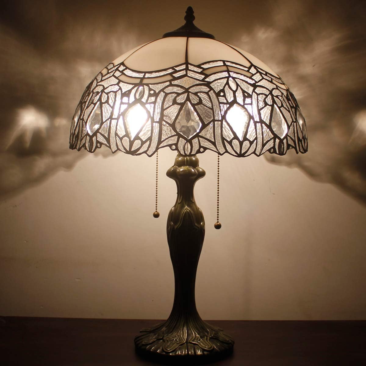 WERFACTORY Tiffany Style Table Lamp White Stained Glass Crystal Bedside Lamp 16X16X24 Inch Desk Reading Light Metal Base Decor Bedroom Living Room Home Office S508W Series