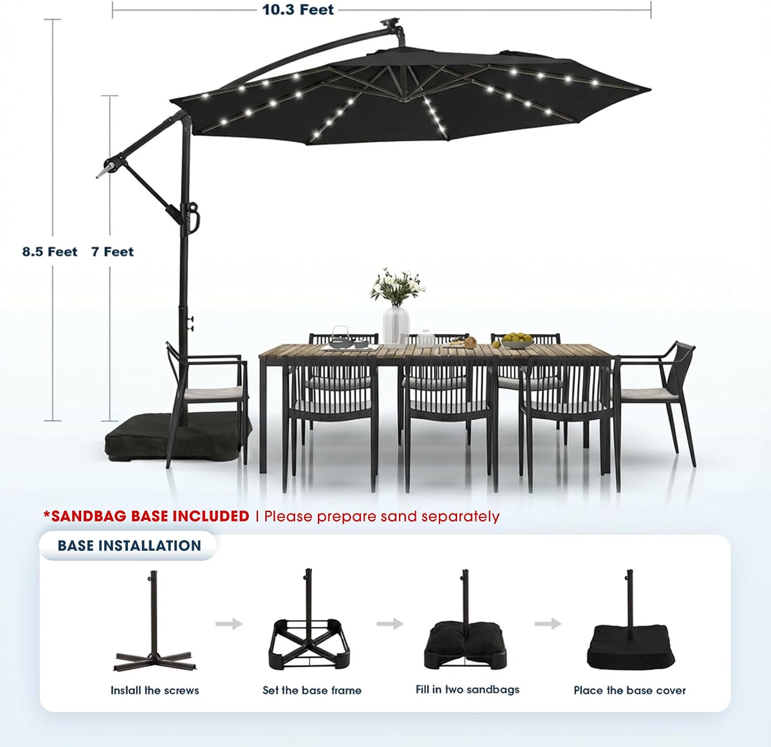 wikiwiki 10ft Solar LED Patio Umbrella with Base Included, Offset Umbrella with Weighted Sandbag Base, Cantilever Patio Umbrellas for Backyard, Garden & Deck, 32 LED Lights & Polyester Shade, Black