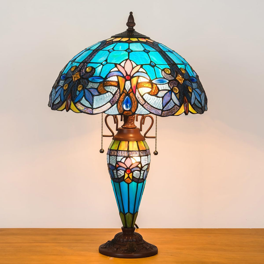 Tiffany Table Lamp with NightLight,16 inch Green Large Stained Glass Table Light,Antique Style 3-Lights Desk Lamp for Living Room Bedroom Office