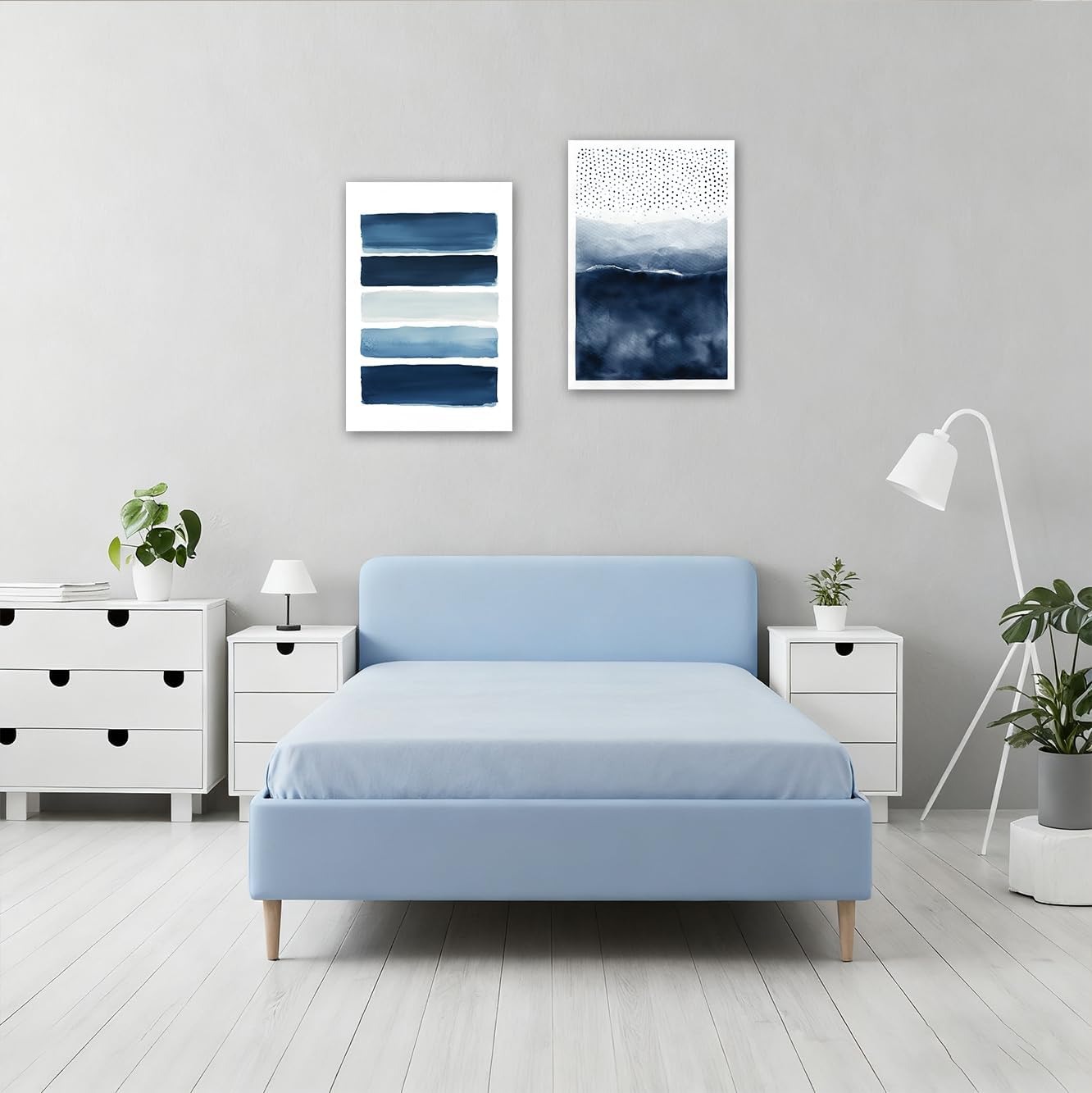 SWQYLB Navy Blue Canvas Wall Art 2 Pieces Neutral Blue and White Abstract Paintings Wall Decor Watercolor Pictures for Modern Minimalist Print Office Decor Framed (24x36inchx2 Pieces)