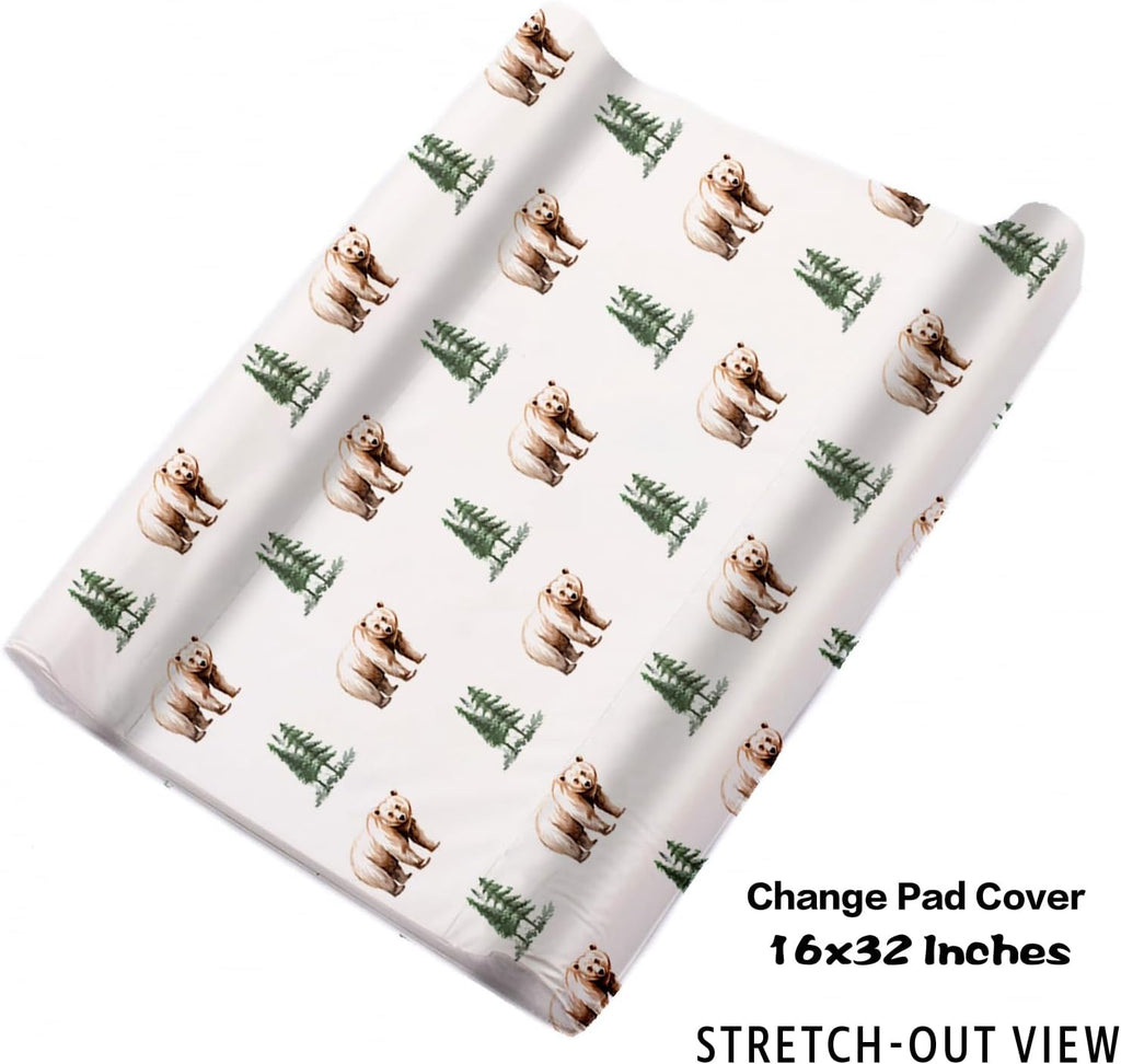 Personalized Baby Crib Bedding Set, 5-Piece Brown Bear Design Baby Crib Sets with Custom Name, Toddler Double Layer Blanket Fitted Sheets Changing Pad Cover Rug Wall Art Set, Charming Nursery Decor
