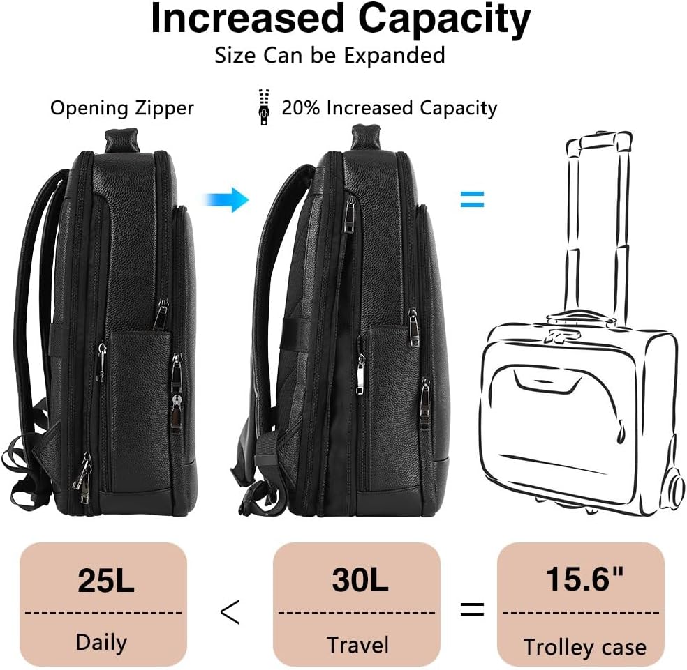 Full Grain Genuine Leather Backpack for Men Multi-Functional 15.6' Laptop Backpack with USB Charging, Black Convertible Business Travel Backpack Work Rucksack Daypack
