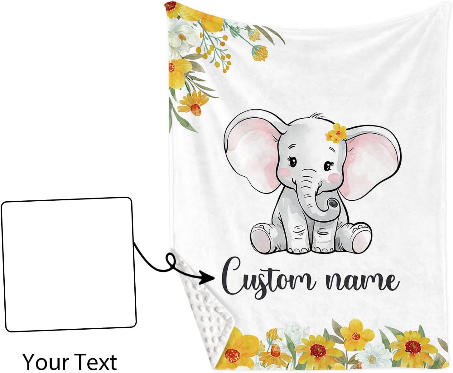 Personalized Nursery Crib Bedding Set: Yellow Floral Custom Name 5 Piece Baby Crib Sets with Elephant Theme - Toddler Double Layer Blanket Set, Comfortable Crib Bed Sheets for Baby Grils