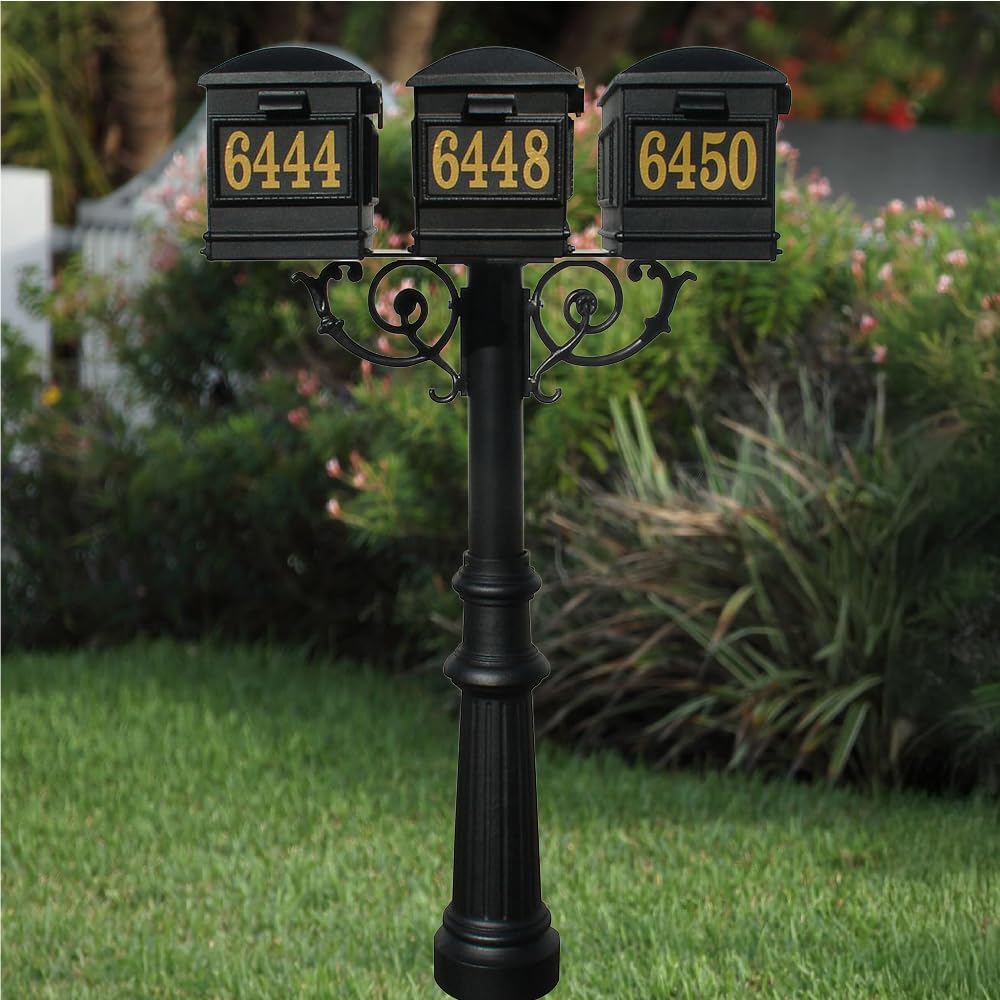 The Hanford Cast Aluminum Triple Mailbox Post System with Fluted Base, 3 Lewiston Mailboxes, Mounting Brackets and Scroll Supports, Ships in 2 boxes