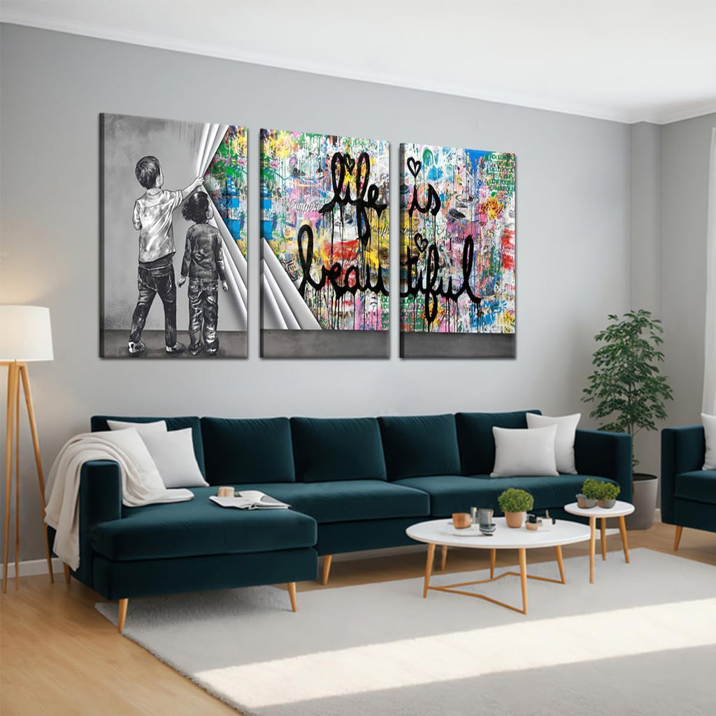 Novatique Banksy Canvas Wall Art for Living Room Modern Graffiti Wall Art Behind the Curtain Colorful Wall Decor for Living Room Bathroom,24' x 36' x 3pcs