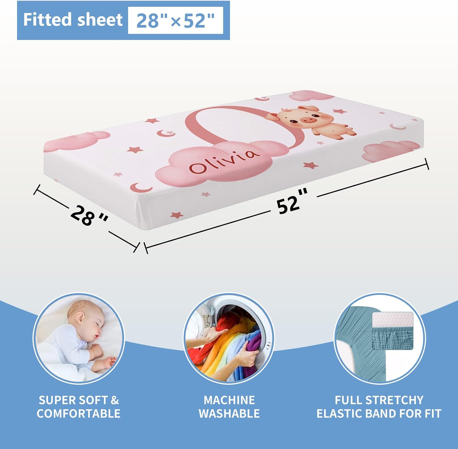 KAINSY Custom Crib Bedding Set, 5 Pcs Personalized Name Monogram Baby Crib Sets for Infants Toddlers, Pink Pig Nursery Bedding Set for Boys Girls, Double Layer Baby Bedding Sets Customized Gifts