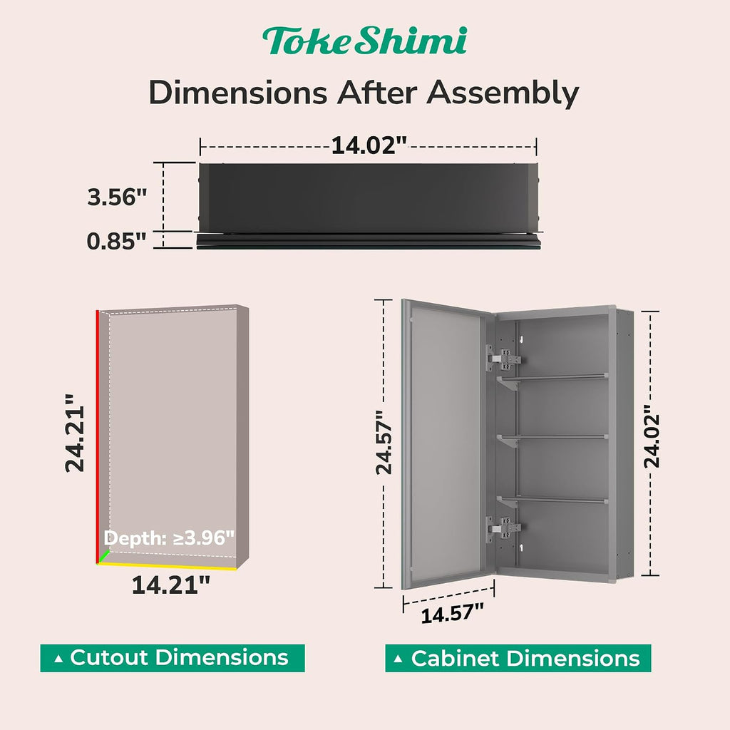 TokeShimi 14x24 Bathroom Mirror with Storage Tempered, Aluminum Black Recessed Medicine Cabinet with Mirror Frameless Stepless Adjustable Shelf, Surface Mount Medicine Cabinet for Bathroom