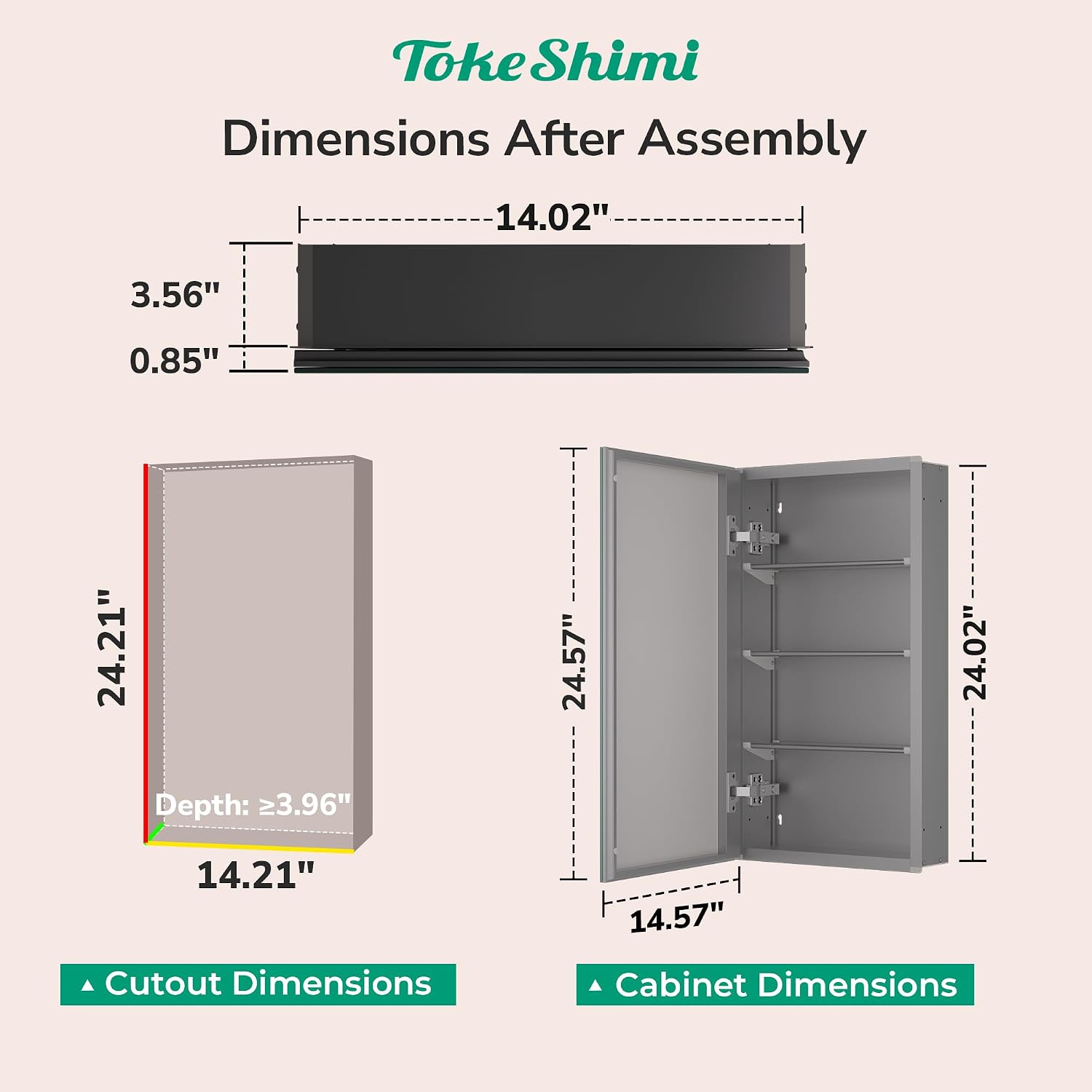 TokeShimi 14x24 Bathroom Mirror with Storage Tempered, Aluminum Black Recessed Medicine Cabinet with Mirror Frameless Stepless Adjustable Shelf, Surface Mount Medicine Cabinet for Bathroom