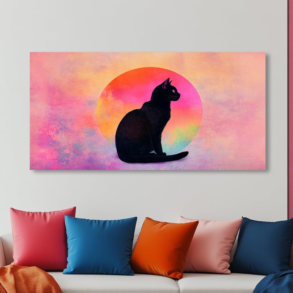 Black Cat Canvas Wall Art - Pink & Purple Sunset Landscape Painting with Silhouette Cat, Cute Retro Cartoon Cat Poster Painting Abstract Animal Wall Décor for Living Room Kid's Girls Bedroom Nursery Ready to Hang 30L x 16W (30x60 Inches)