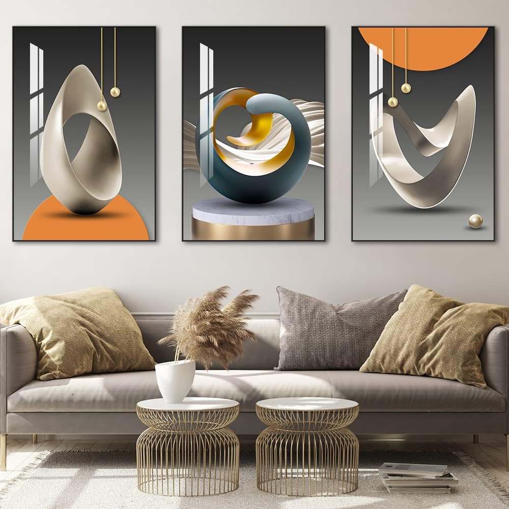 MPLONG Bright Style Large Framed Wall Art, Abstract Modern Art Shape Pattern White Blue Yellow Grey Wall Art Artfully Matching Living Room Bedroom Office Wall Decor - 24'x 32'x 3 Panels