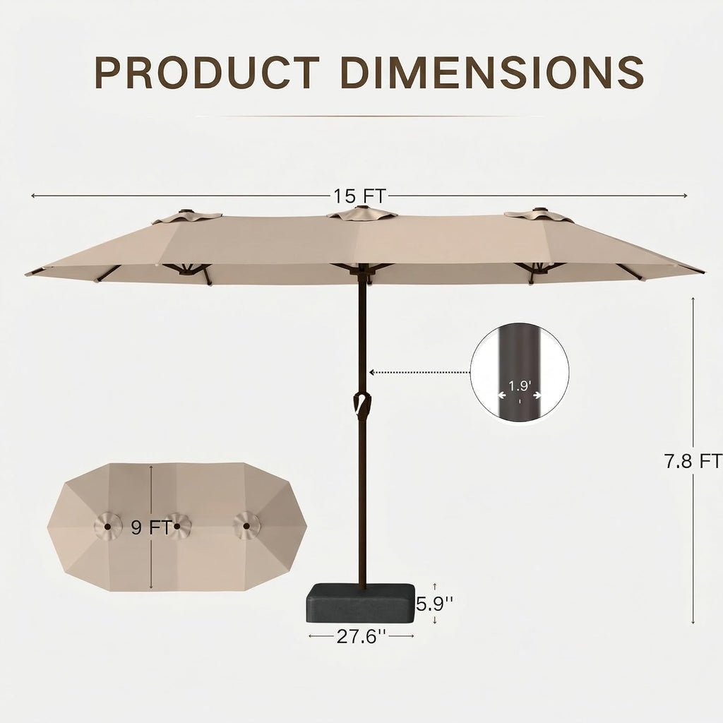 Kingdura 15ft Large Patio Umbrella with Base Included, Double-Sided Rectangle Outdoor Table Umbrella with 12 Reinforced Ribs, Crank Lift for Market Pool Deck Backyard, Beige