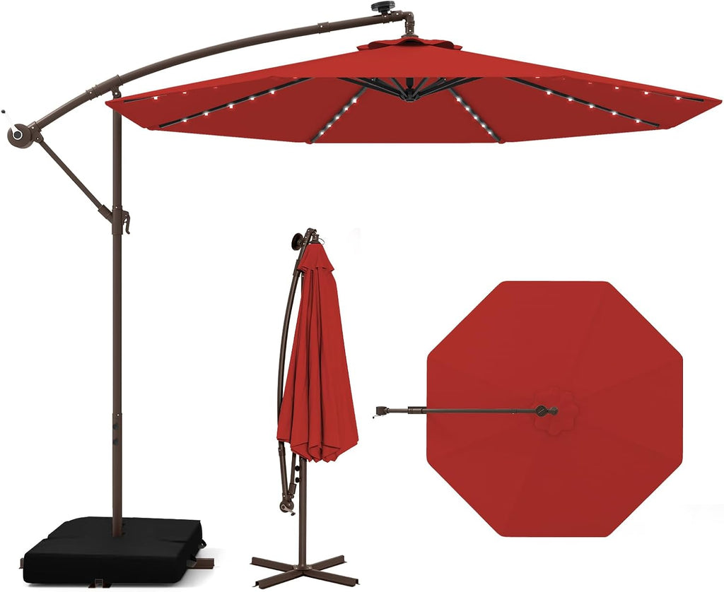 Tangkula 10FT Offset Patio Umbrella with Base Included, Outdoor Cantilever Umbrella with 40 Solar LED Lights, Tilt Adjustment, Crank Handle, Vented Top, Sand Bags for Pool Yard Deck (Burgundy)