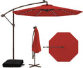 Tangkula 10FT Offset Patio Umbrella with Base Included, Outdoor Cantilever Umbrella with 40 Solar LED Lights, Tilt Adjustment, Crank Handle, Vented Top, Sand Bags for Pool Yard Deck (Burgundy)