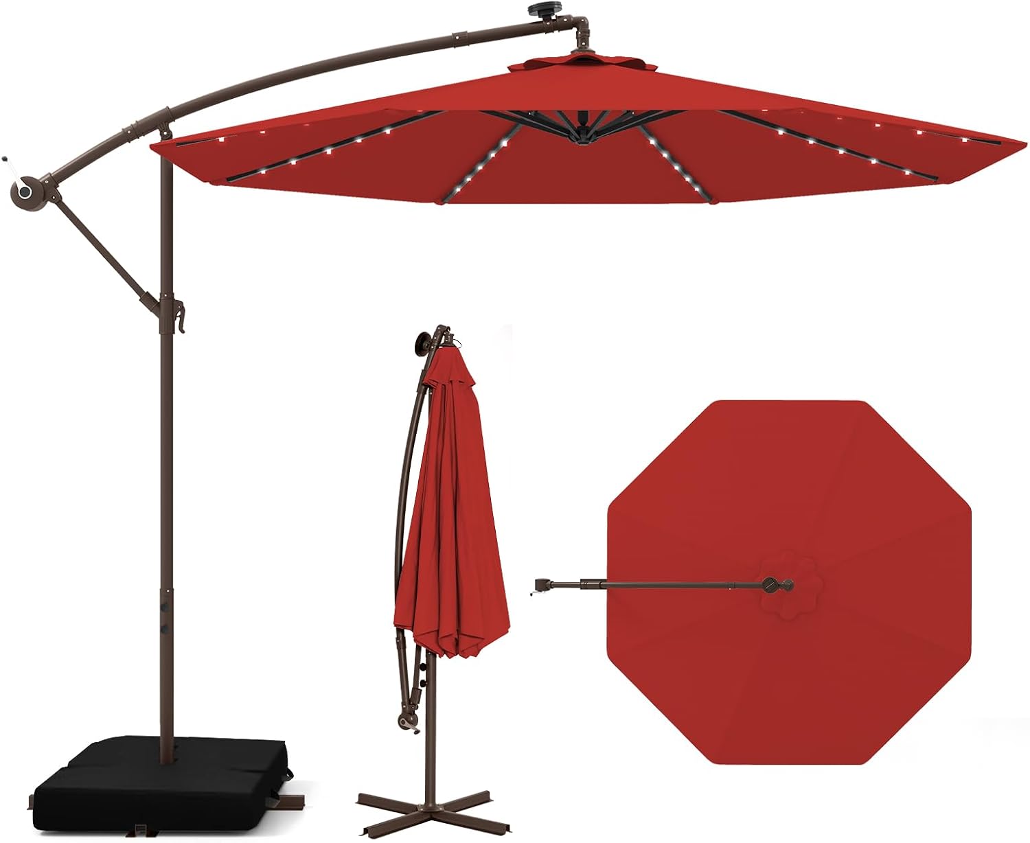 Tangkula 10FT Offset Patio Umbrella with Base Included, Outdoor Cantilever Umbrella with 40 Solar LED Lights, Tilt Adjustment, Crank Handle, Vented Top, Sand Bags for Pool Yard Deck (Burgundy)