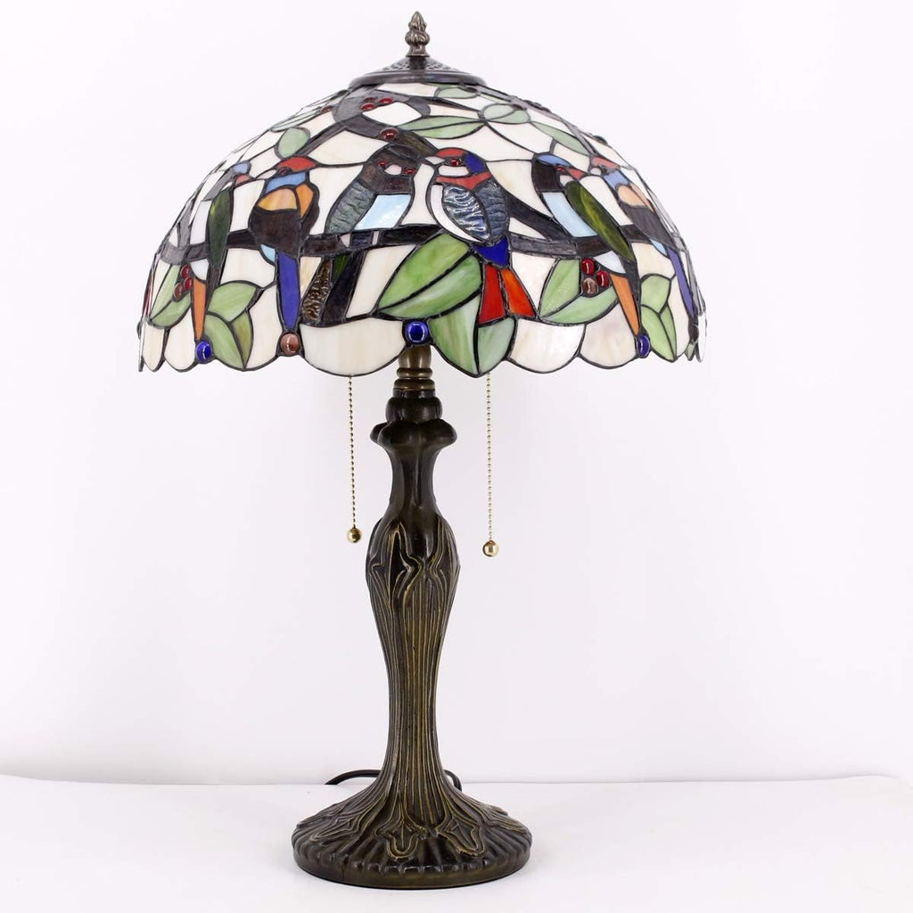 WERFACTORY Tiffany Table Lamp Colorful Stained Glass Birds Bedside Lamp 16X16X24 Inches Desk Reading Light Metal Base Decor Bedroom Living Room Home Office S805 Series