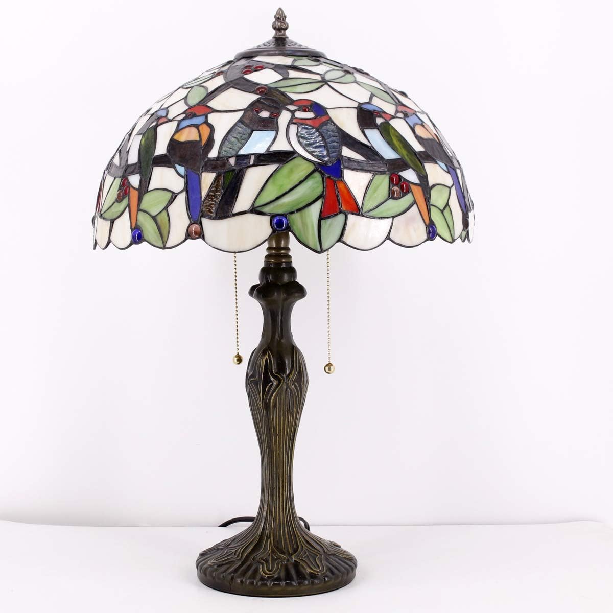 WERFACTORY Tiffany Table Lamp Colorful Stained Glass Birds Bedside Lamp 16X16X24 Inches Desk Reading Light Metal Base Decor Bedroom Living Room Home Office S805 Series