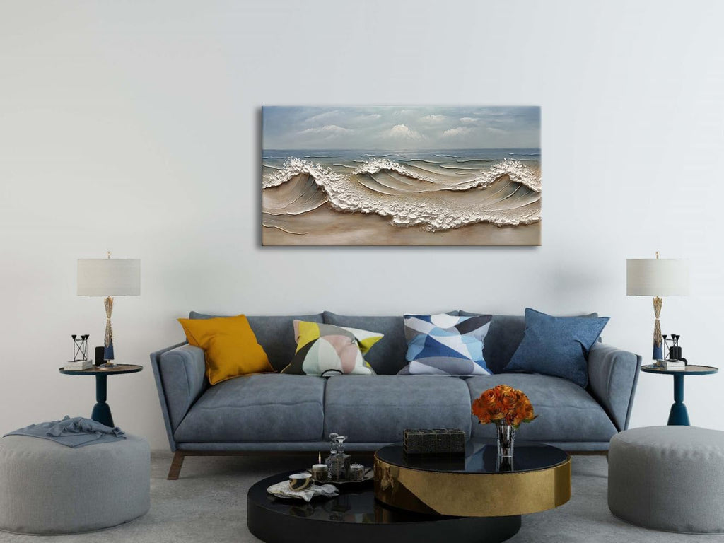 zoinart Blue Ocean Wave Oil Painting on Canvas Impasto Textured Painting Serene Canvas Wall Art Living Room Wall Decor Contemporary Art 24' x 48'