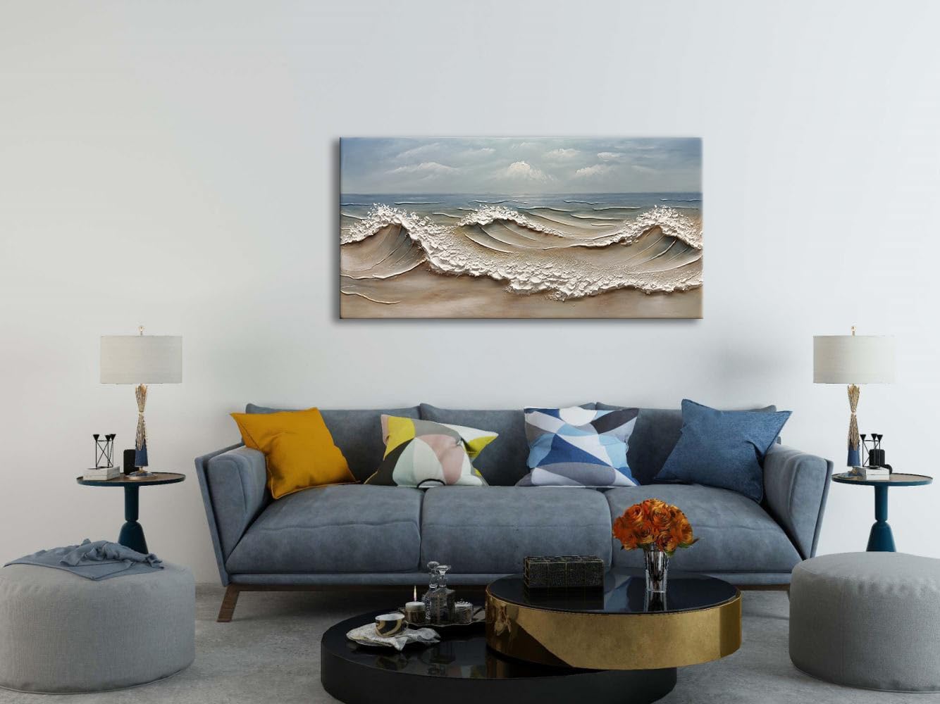 zoinart Blue Ocean Wave Oil Painting on Canvas Impasto Textured Painting Serene Canvas Wall Art Living Room Wall Decor Contemporary Art 24' x 48'