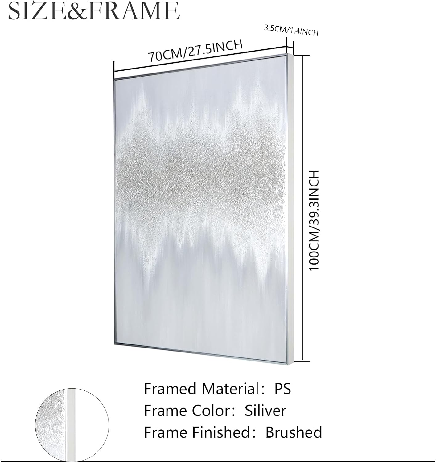 Silver Abstract Wall Art Decor - Grey Hand-Painting Embellished with Sand Grain and Glitter in Metallic Hues, Brilliant Modern Abstract Canvas for Living room, Bedroom Decor, 28' x 40', Framed
