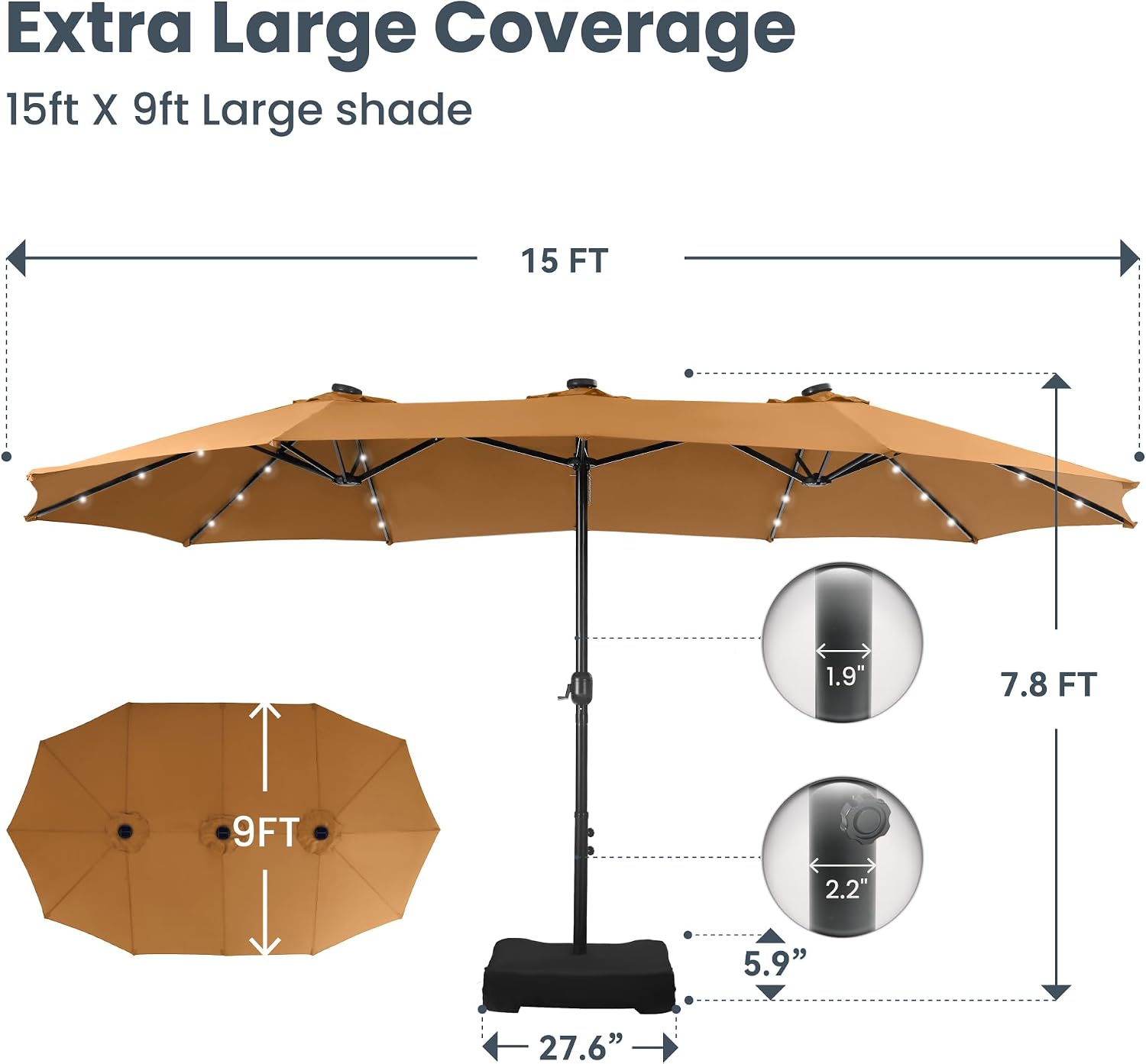 PHI VILLA 15ft Large Patio Umbrella with Solar Lights, Double-Sided Outdoor Market Rectangle Umbrellas with 36 LED Lights, Umbrella Base (Stand) Included, Tawny