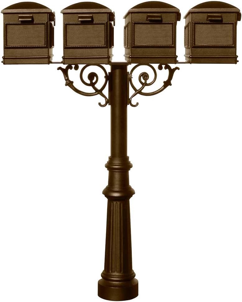 HPWS4-800-LM-BRZ The Hanford Rust Free Cast Aluminum Quad Mailbox Post System with Fluted Base, 4 Lewiston Mailboxes, Ships in 2 Boxes, Bronze