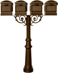 HPWS4-800-LM-BRZ The Hanford Rust Free Cast Aluminum Quad Mailbox Post System with Fluted Base, 4 Lewiston Mailboxes, Ships in 2 Boxes, Bronze