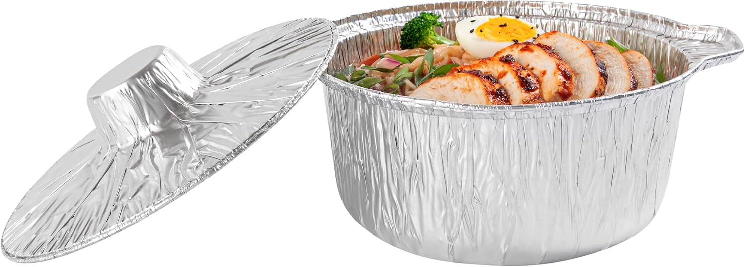 Foil Lux 60 Ounce Pans And Lids, 100 Disposable Pots With Lids - Oven-Ready, Stove Compatible, Aluminum Foil Baking Pans, Freezable, For Outdoor Camping, Vacation, Picnic, And More - Restaurantware