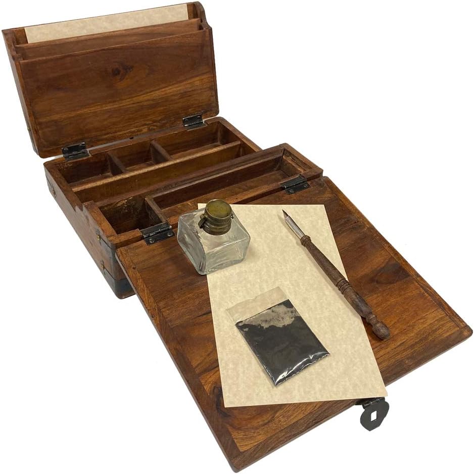 SCHOONER BAY 10-1/2' Colonial Style Distressed, Teak Wood Writing Box Reproduction with Accessories- Antique Reproduction