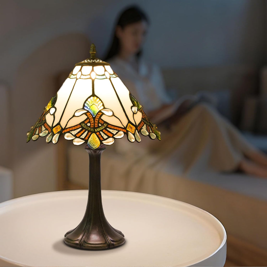 Tiffany Style Table Lamp, Small Stained Glass Lamp for Bedside, Bedroom, Nightstand, Living Room, 12 Inch Mini Vintage Light Included E26 Bulbs with Remote Control (White Umbrella)