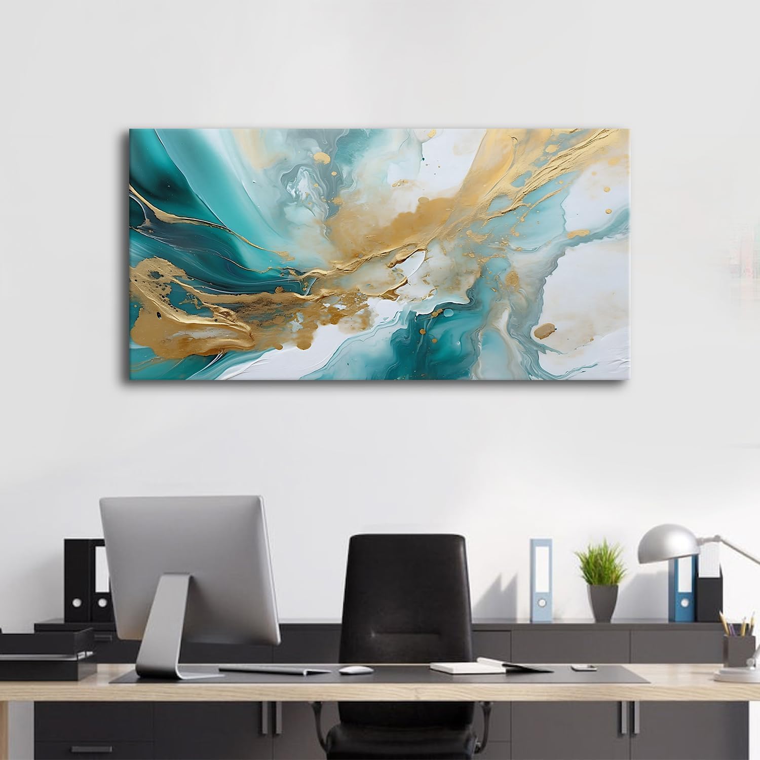 Extra Large Turquoise Wall Art Abstract Teal Wall Decor for Living Room Modern Marble Canvas Picture 30x60', Watercolor Gold Fluid Texture Ink Painting Prints Poster Artwork Bedroom Decorations