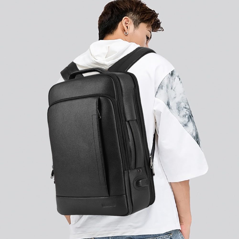 Full Grain Genuine Leather Backpack for Men Multi-Functional 15.6' Laptop Backpack with USB Charging, Black Convertible Business Travel Backpack Work Rucksack Daypack