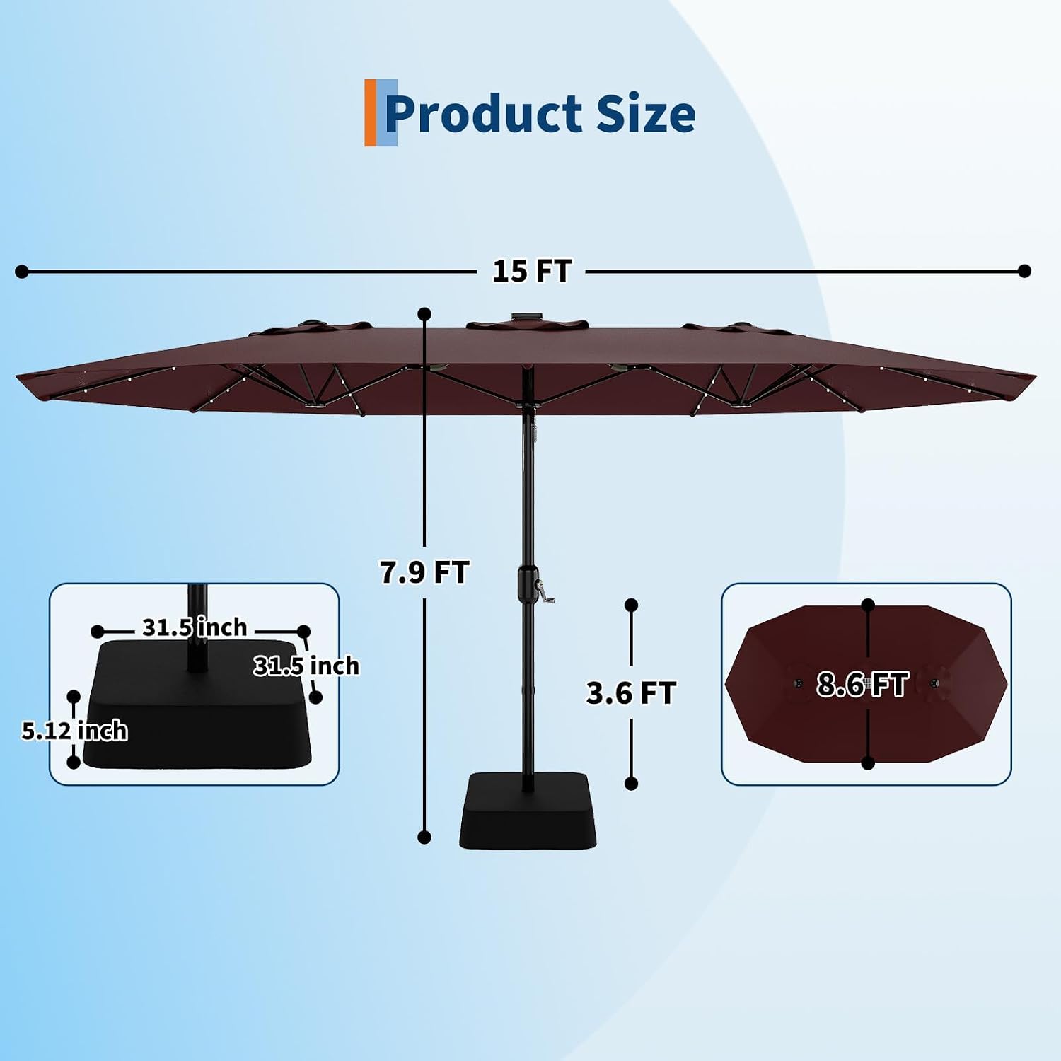 Garvee 15 ft Rectangular Patio Umbrella with Solar Lights & Base Included - Large Patio Umbrella with Crank Handle 36 LED Lights, UV Protection for Outdoor Market, Backyard, Deck, Pool, Burgundy