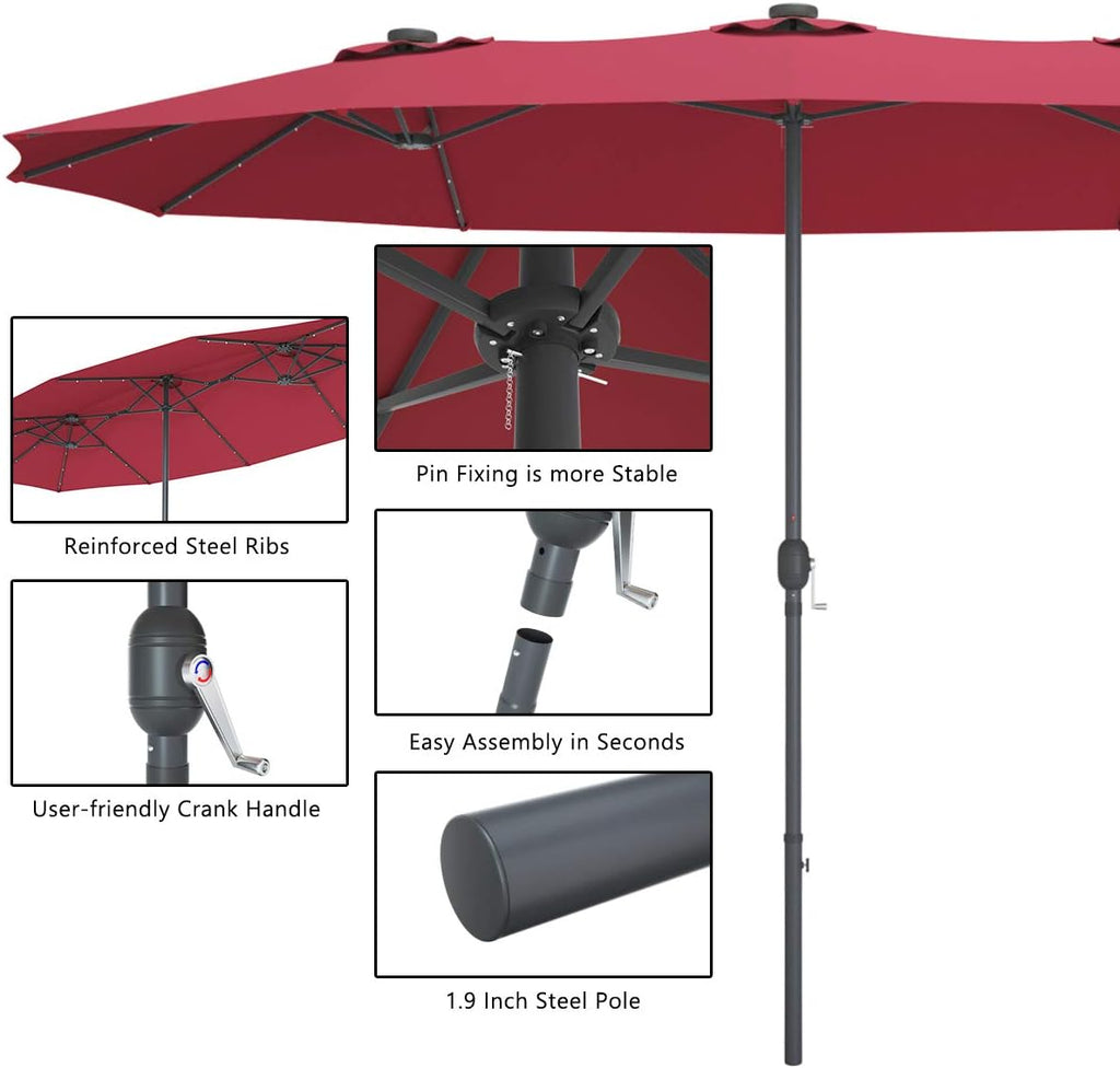 Tangkula 15 Ft Double Sided Patio Umbrella with Solar Lights, Extra Large Rectangle Outdoor Umbrella with 36 LED Lights & Crank Handle for Deck, Poolside, Garden, Backyard (Burgundy)