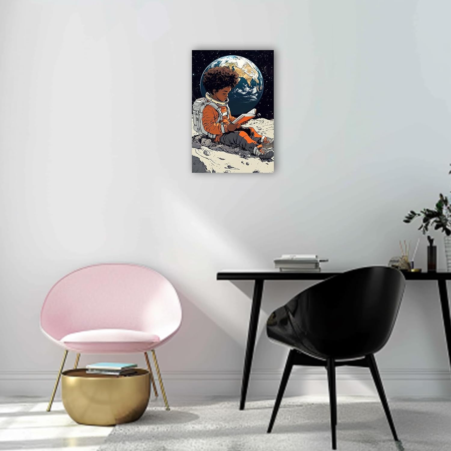 CHAOSETKEN African American Wall Art Astronaut Painting Black Boy Reading on the Moon Canvas Prints Space Themed Pictures for Office Decor Framed (28.00' x 42.00')