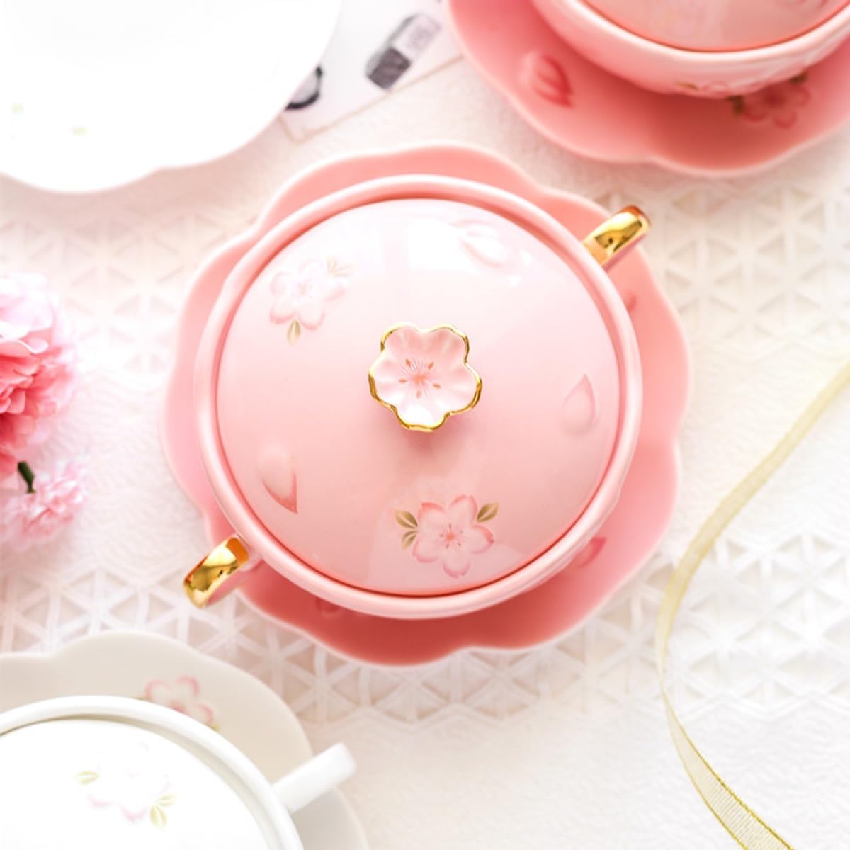 Ceramic Two Ear Soup Bowl Set with Lid and Spoon, Lovely Cherry Blossom Pattern Dessert Cereal Bowl, Fruit Yogurt Bowl with Plate,Dishwasher and Microwave Safe Plate