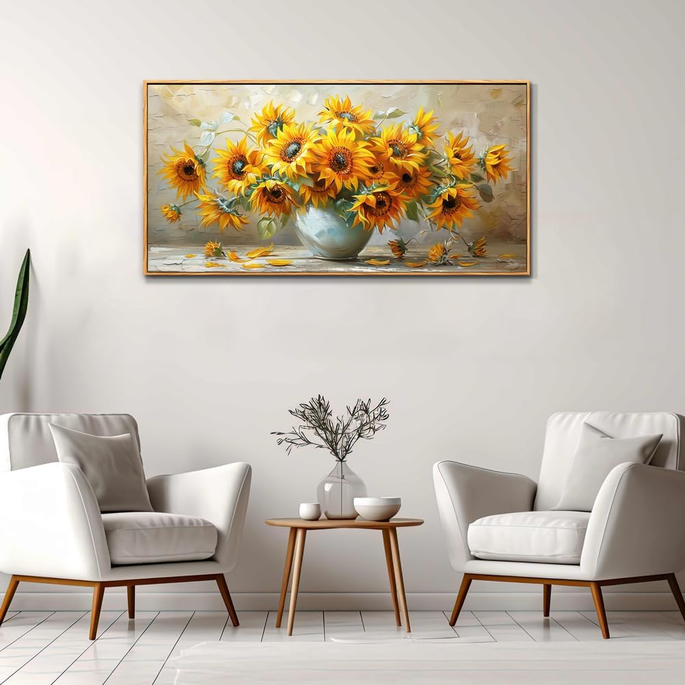 PHAOHUAXM Large Canvas Wall Decor For Living Room Wall Art Vintage Printing Yellow Flower Paintings Dining Room Bedroom Bathroom Kitchen Wall Painting Home Decor Wood Frame Ready To Hang 24x48 In