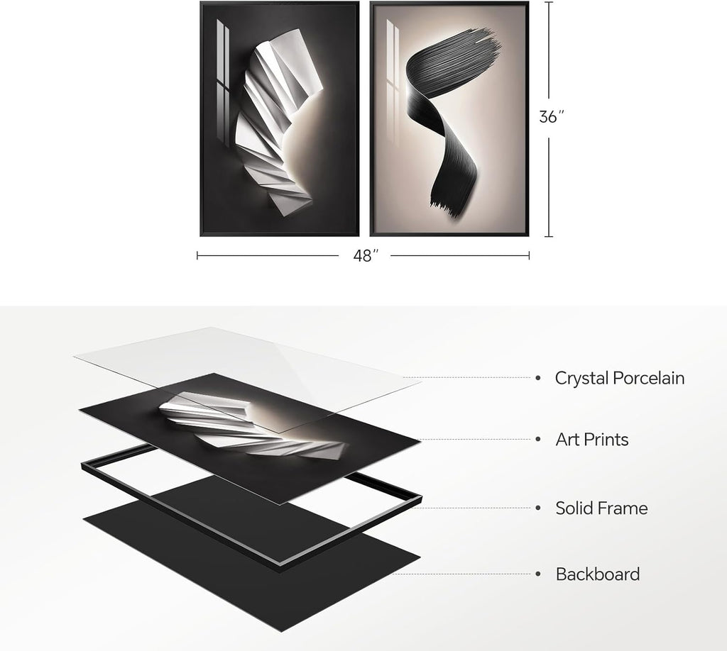Large Framed Modern Black and White Wall Art for Living Room, Set of 2 Abstract Geometric Pictures Print Paintings, Luxury Bright Style Artwork for Bedroom Dining Room Hallway Wall Decor, 24x36 Inch