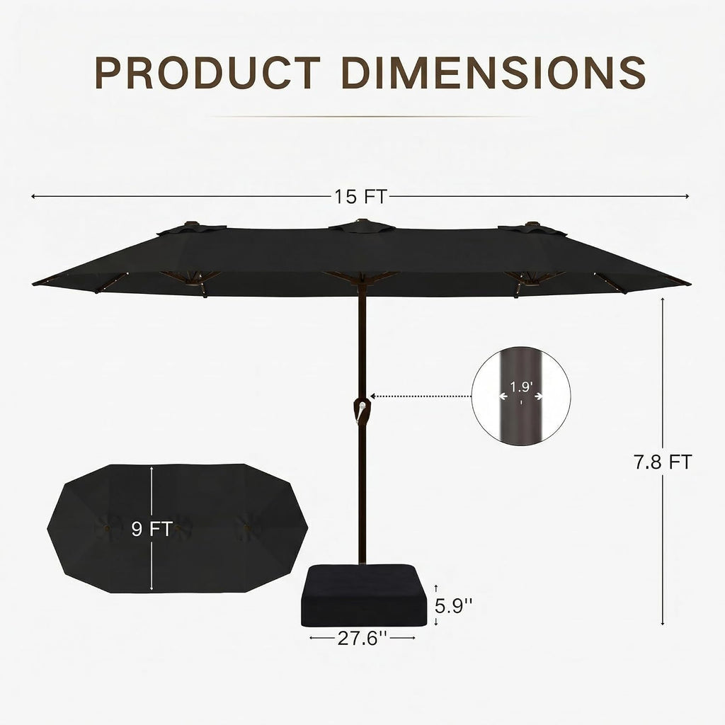Kingdura 15ft Large Patio Umbrella with Solar Lights, Double-Sided Rectangle Lighted Outdoor Table Umbrella with Base Included, 12 Reinforced Ribs, 48 Led Lights, Crank Lift for Market Pool Deck Backyard, Black