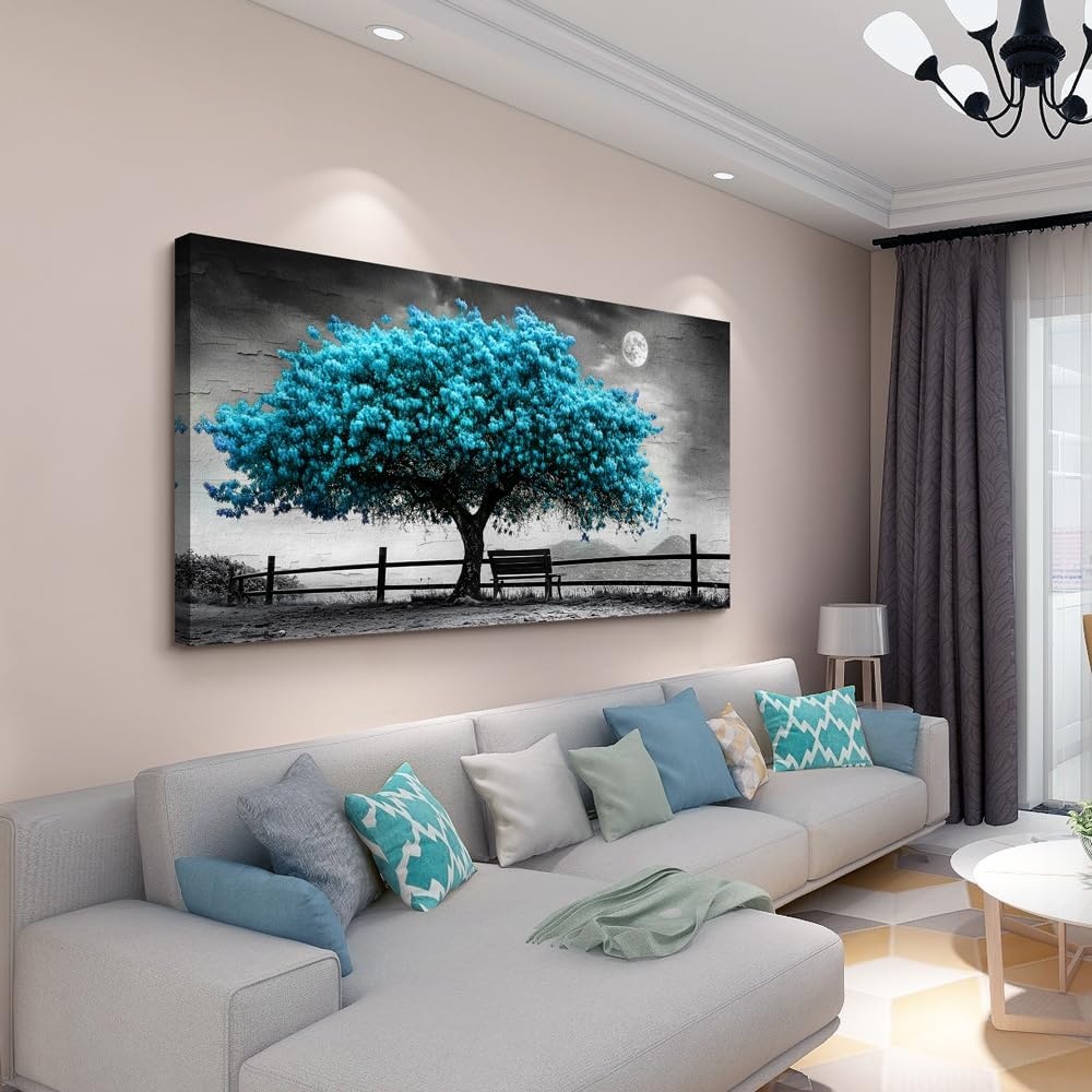 KELIYUAN Canvas Blue Tree Painting Wall Art Home Decoration Large Size Black And White Suitable For Living Room Office Bedroom Wall Decoration Printed Painting Modern Can Be Hung Directly 30x60 In